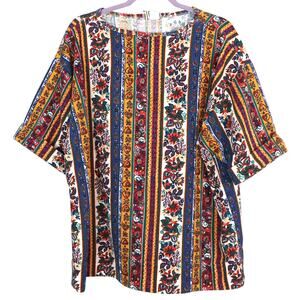 Vintage 80s 90s Italian Club Shirt Floral Striped Colorful Retro Women Large USA
